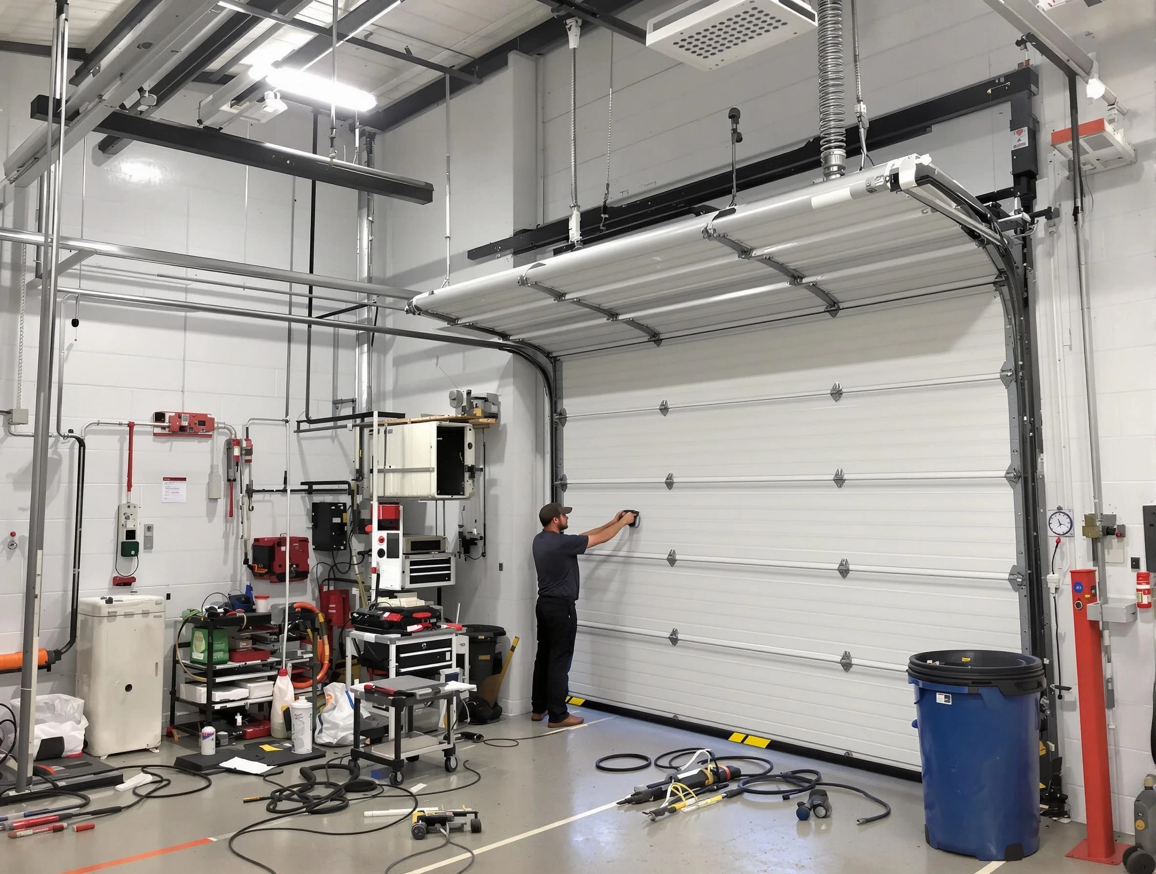 Kearny Garage Door Repair certified technician performing commercial door repair at a Kearny business facility