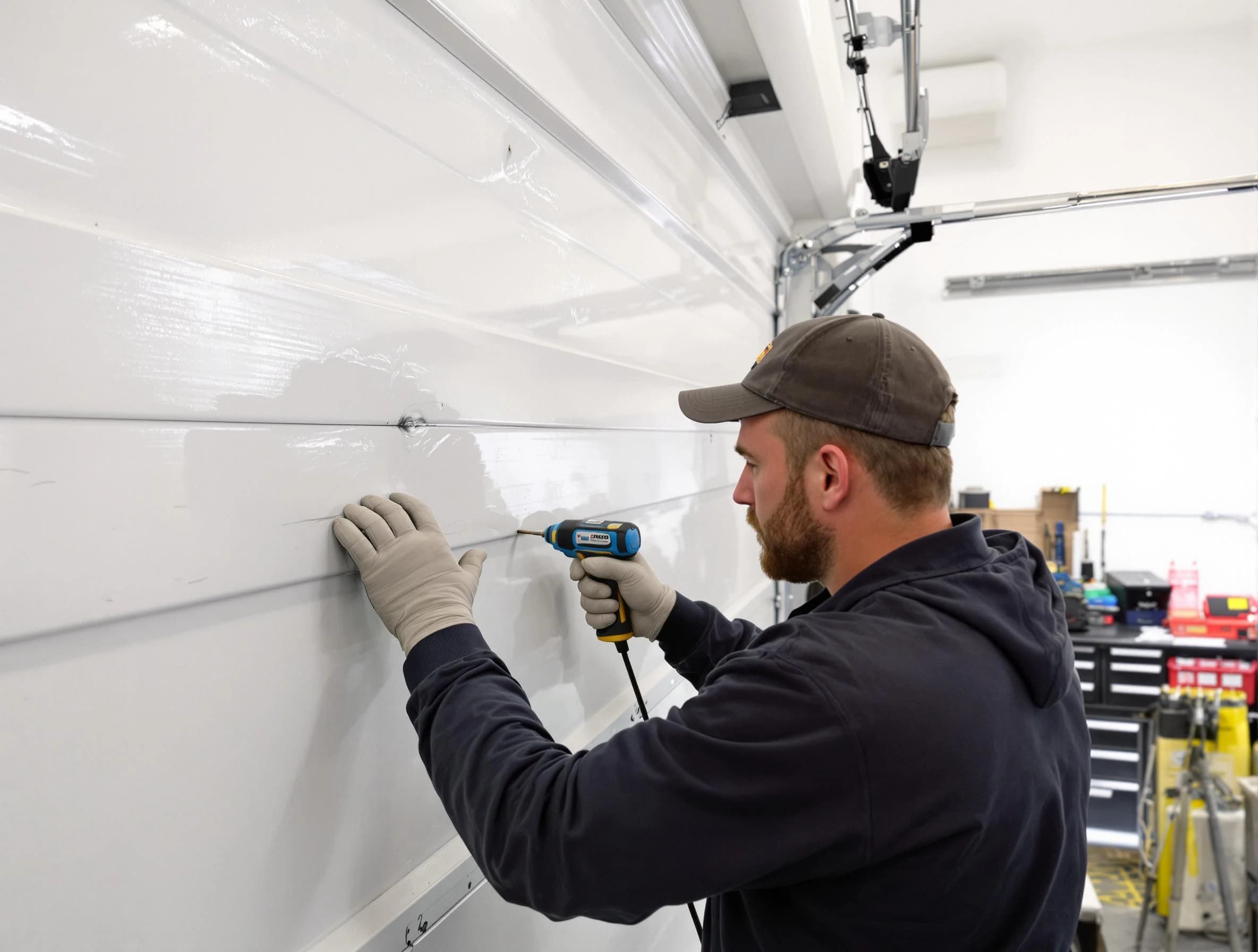 Kearny Garage Door Repair technician demonstrating precision dent removal techniques on a Kearny garage door