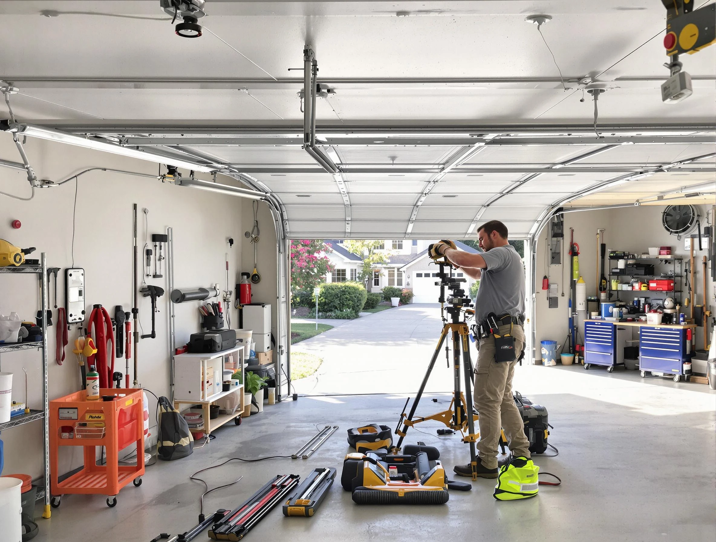 Kearny Garage Door Repair specialist performing laser-guided track alignment in Kearny